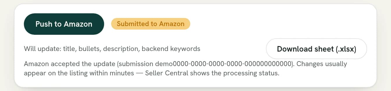 Vendara push panel after publishing an optimized listing to Amazon, showing the accepted submission and the fields that were updated